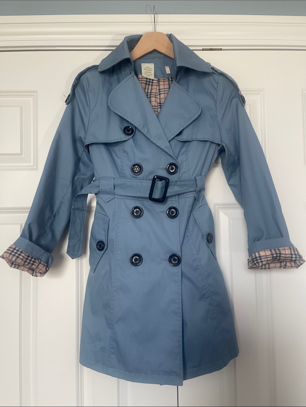 Shabby Apple Double-Breasted Trench Coat in Light Blue with Plaid Lining